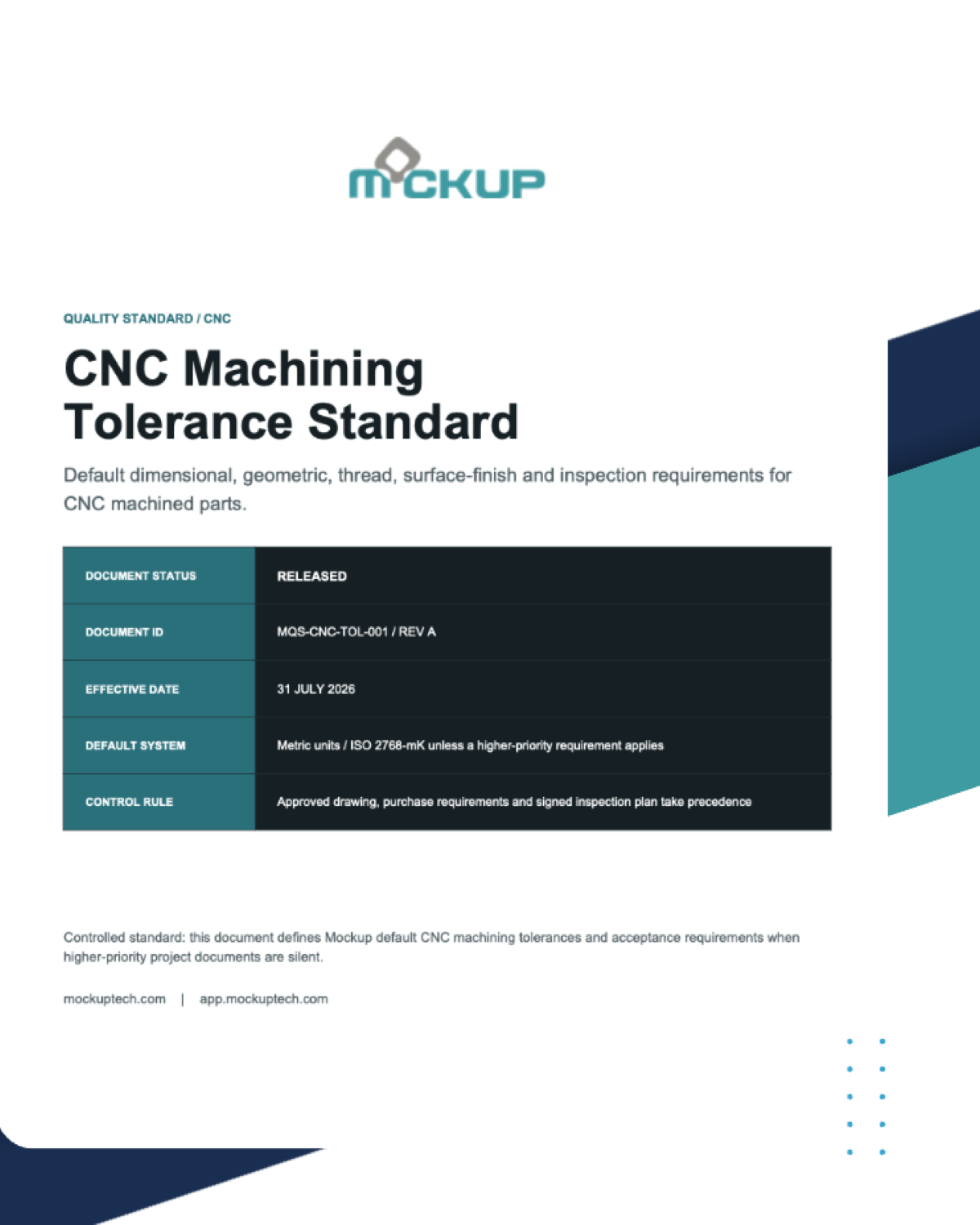 Cover of the Mockup CNC Machining Tolerance Standard
