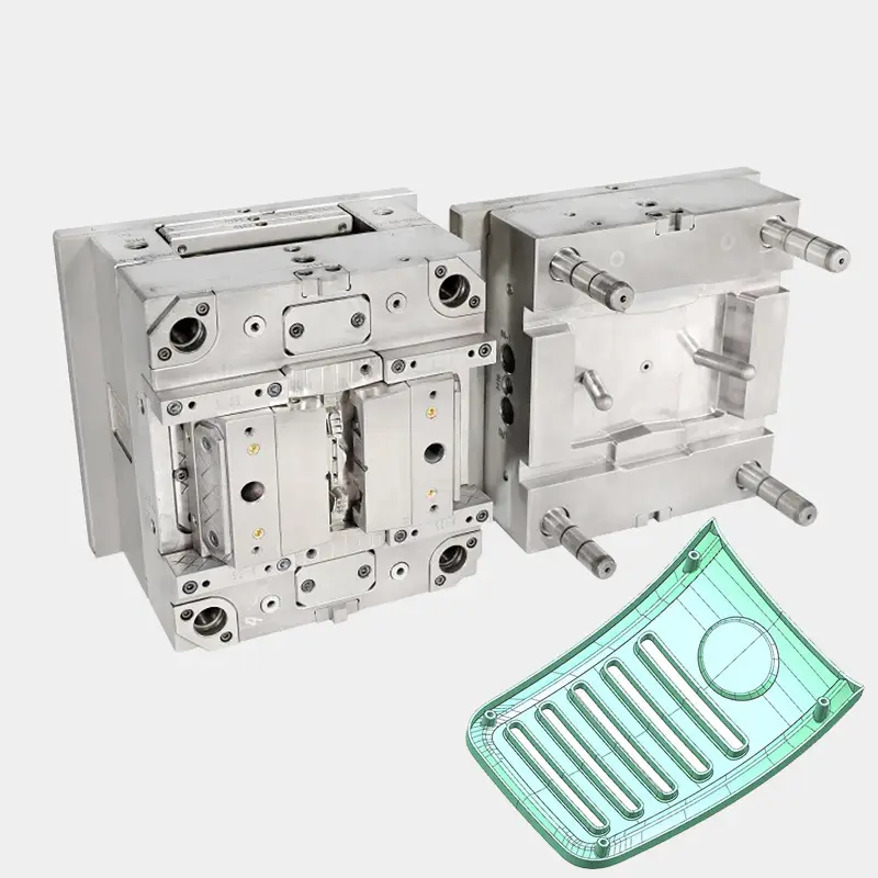 Injection mold shown together with the molded plastic component