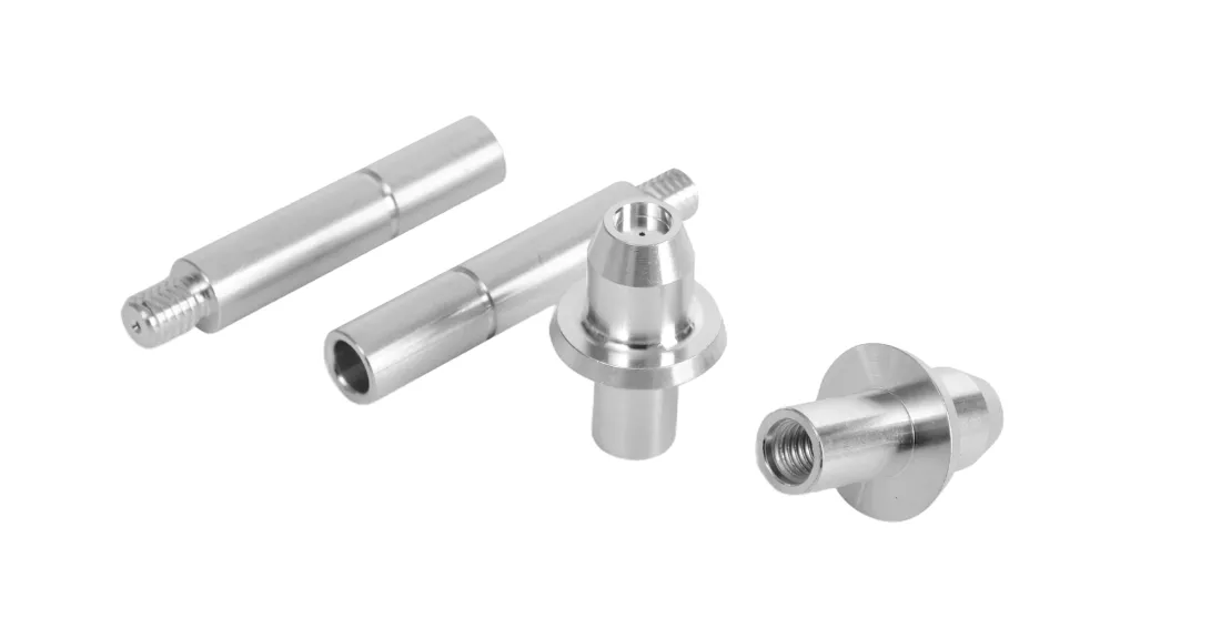 Group of precision CNC turned aluminum shafts and threaded components